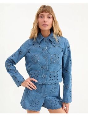 Veronica Beard Blue Eyelet Scallop Structure Cropped Jacket - US 6 - NWOT